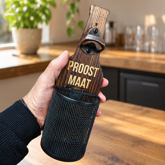 Houten flessenopener met mandje