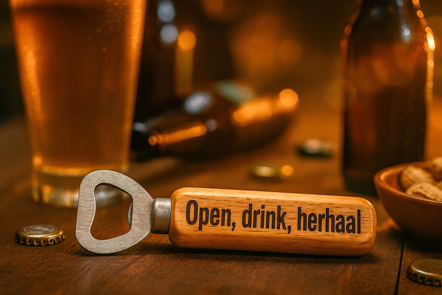 De Meesterbrander – Houten Flesopener met Gravure