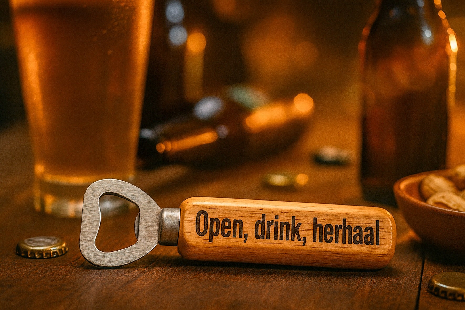 De Meesterbrander – Houten Flesopener met Gravure