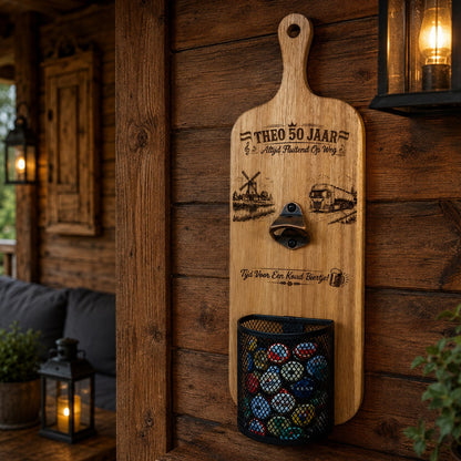 Elite Wandbieropener van Acaciahout met Gravure
