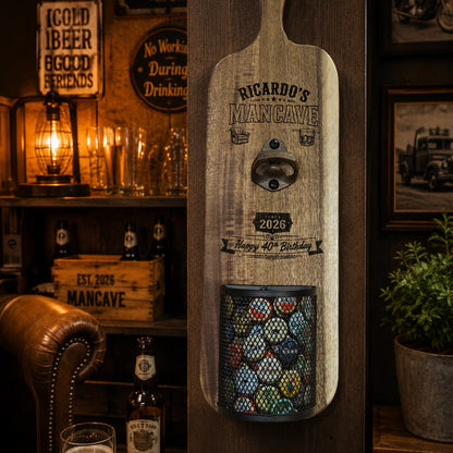 Elite Wandbieropener van Acaciahout met Gravure