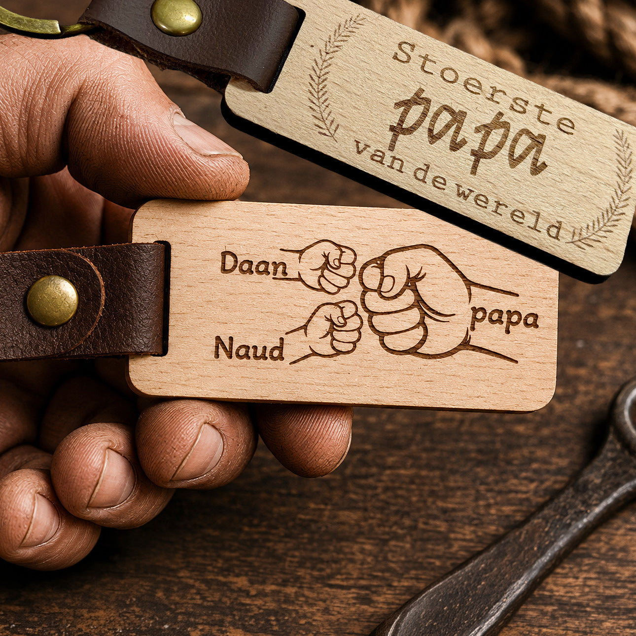 Sleutelhanger Papa met de namen van de kinderen