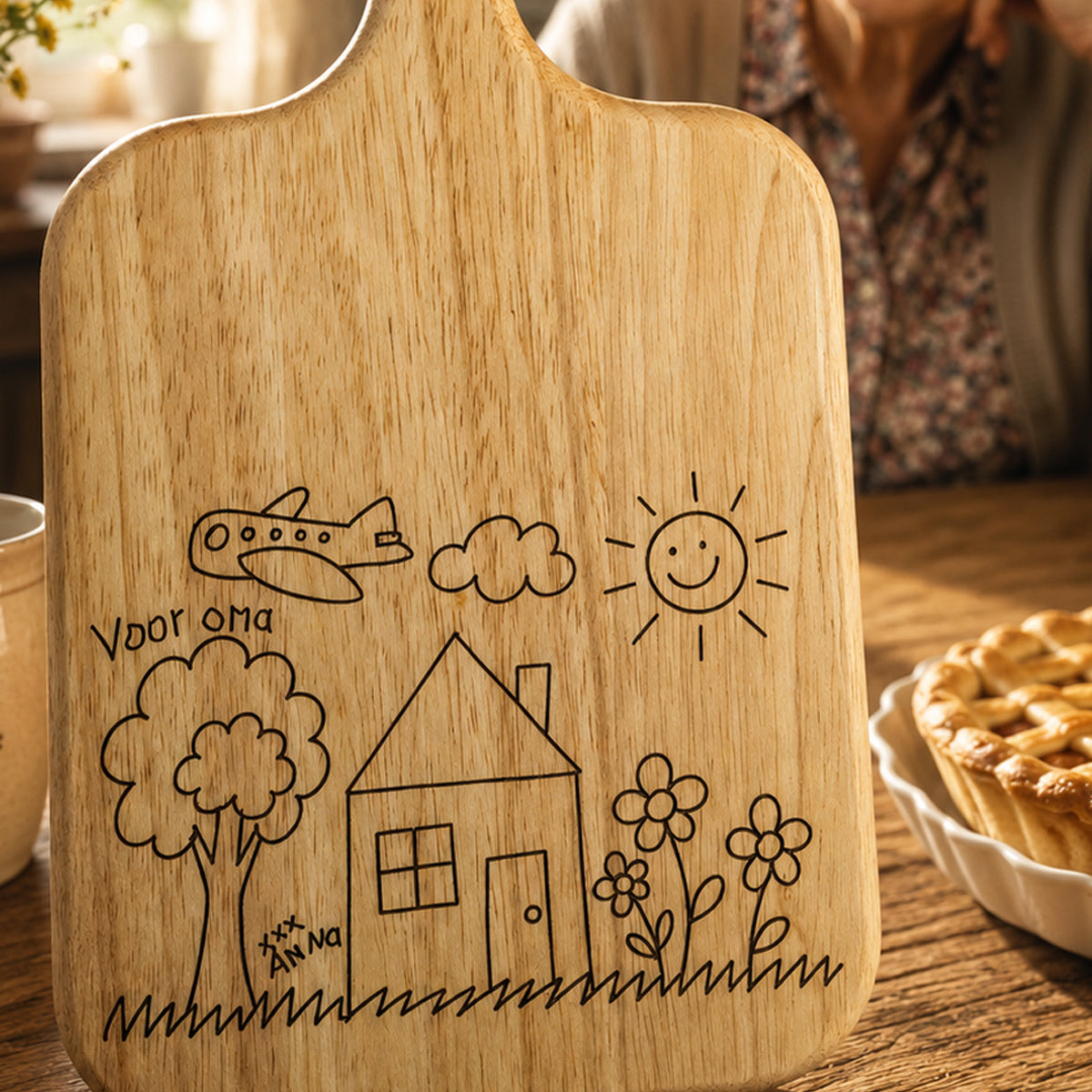 Kindertekening op Eikenhouten Serveerplank | Een Persoonlijk Cadeau voor Oma, Opa, Papa of Mama