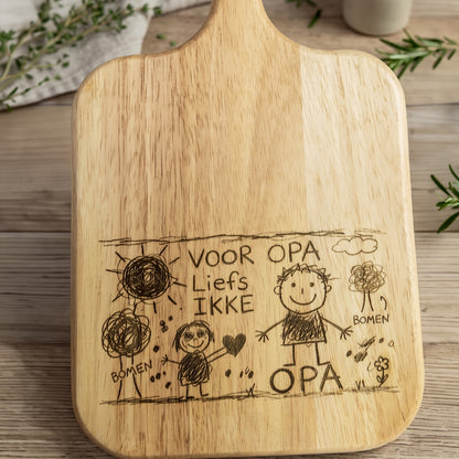 Kindertekening op Eikenhouten Serveerplank | Een Persoonlijk Cadeau voor Oma, Opa, Papa of Mama