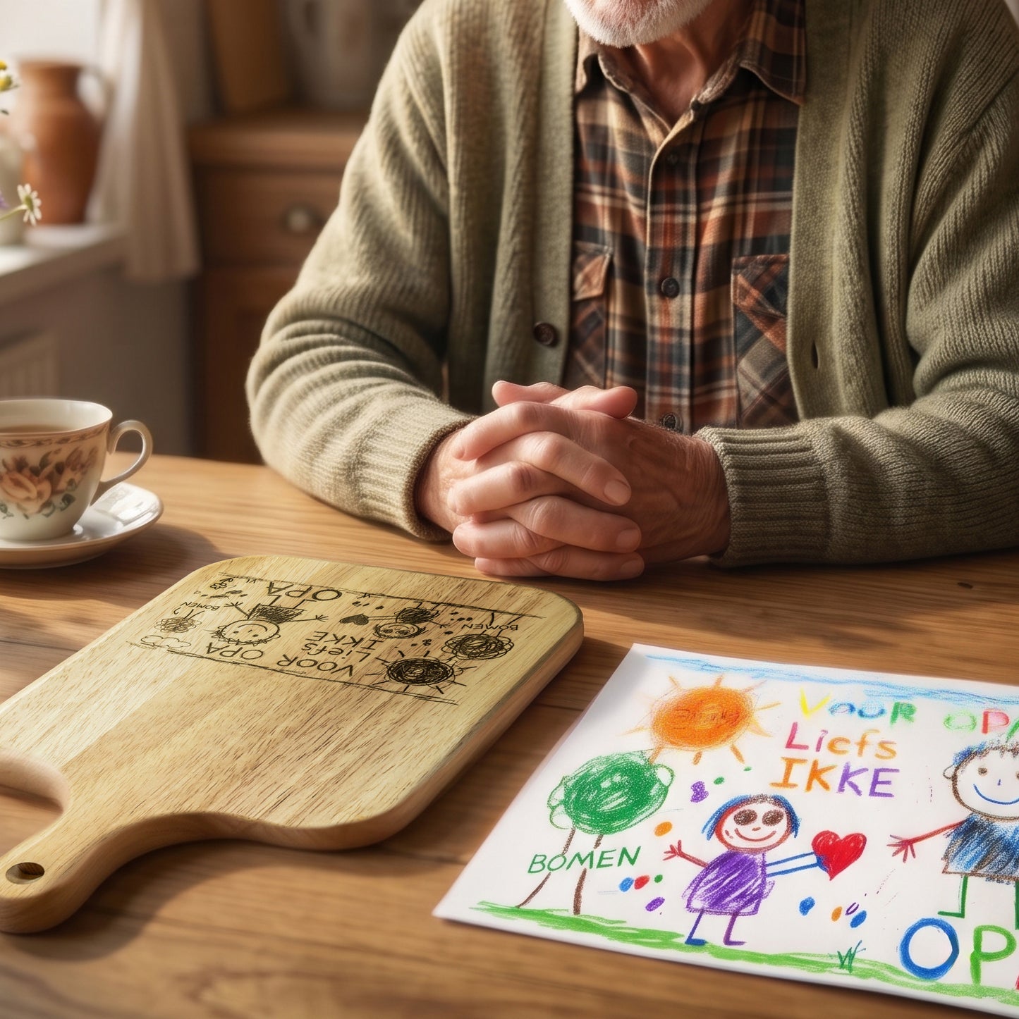 Kindertekening op Eikenhouten Serveerplank | Een Persoonlijk Cadeau voor Oma, Opa, Papa of Mama