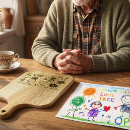 Kindertekening op Eikenhouten Serveerplank | Een Persoonlijk Cadeau voor Oma, Opa, Papa of Mama