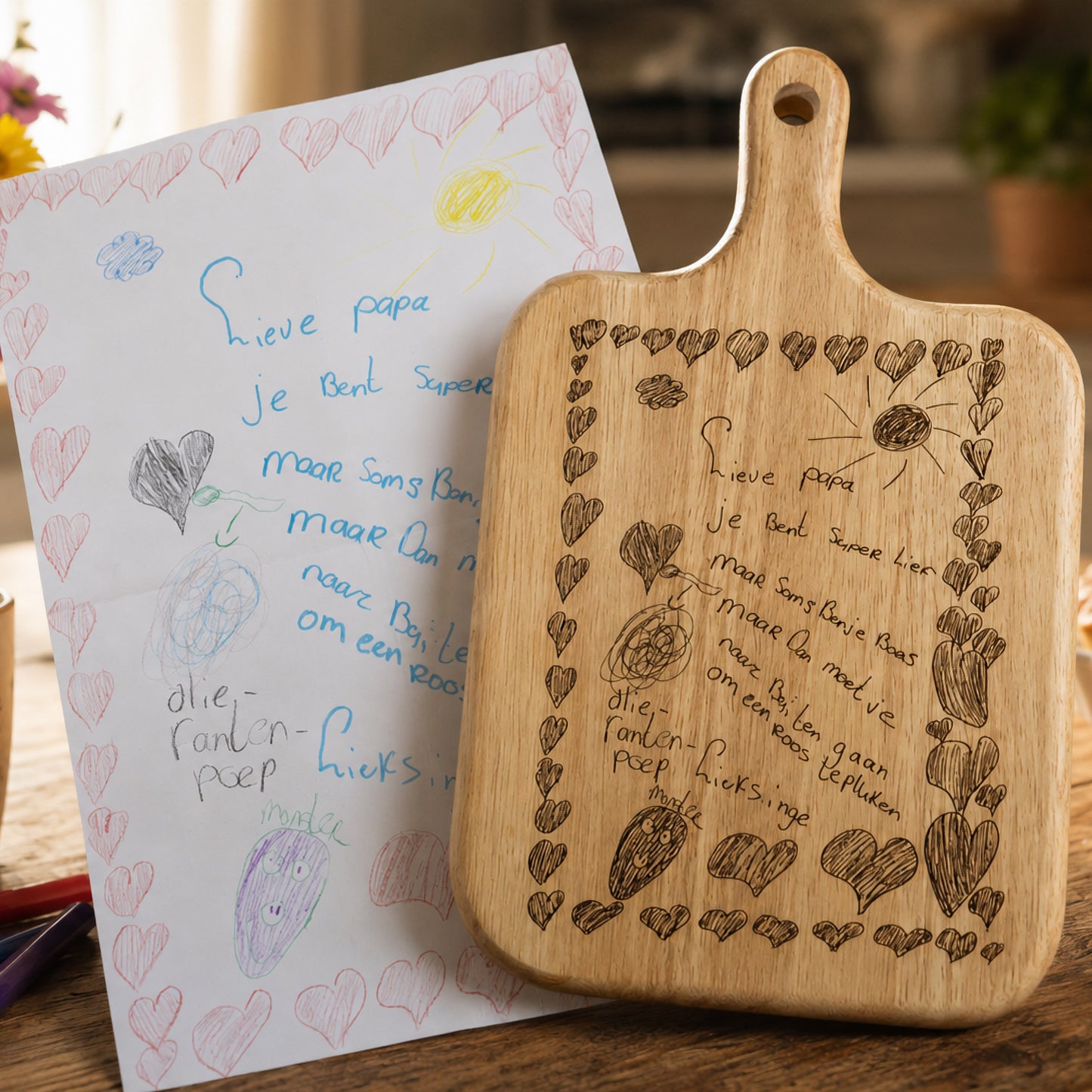 Kindertekening op Eikenhouten Serveerplank | Een Persoonlijk Cadeau voor Oma, Opa, Papa of Mama