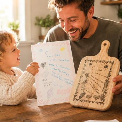 Kindertekening op Eikenhouten Serveerplank | Een Persoonlijk Cadeau voor Oma, Opa, Papa of Mama