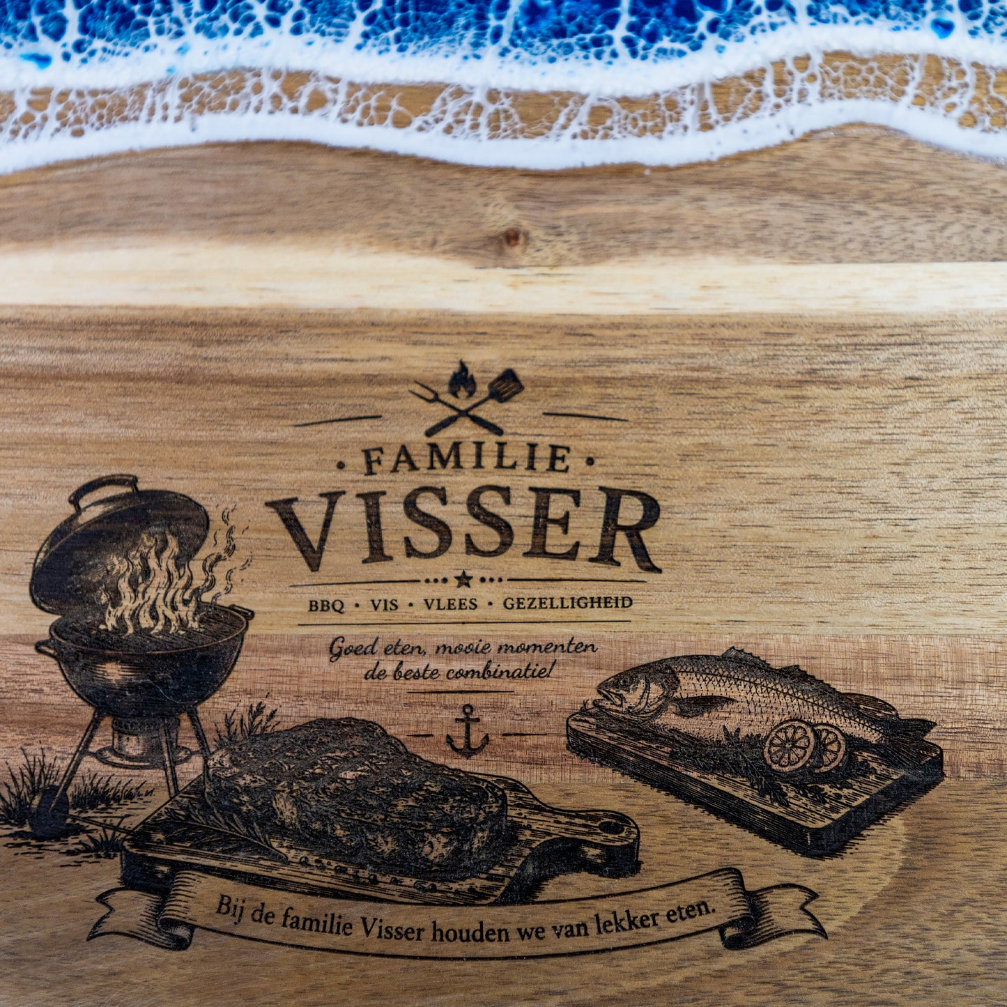Epoxy Serveerplank Zee van Acaciahout (36 × 25 cm) | Gepersonaliseerd met Gravure