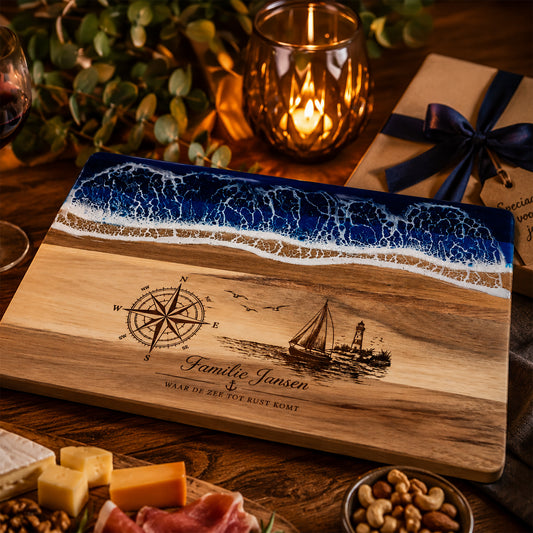 Epoxy Serveerplank Zee van Acaciahout (36 × 25 cm) | Gepersonaliseerd met Gravure
