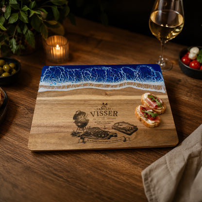 Epoxy Serveerplank Zee van Acaciahout (36 × 25 cm) | Gepersonaliseerd met Gravure