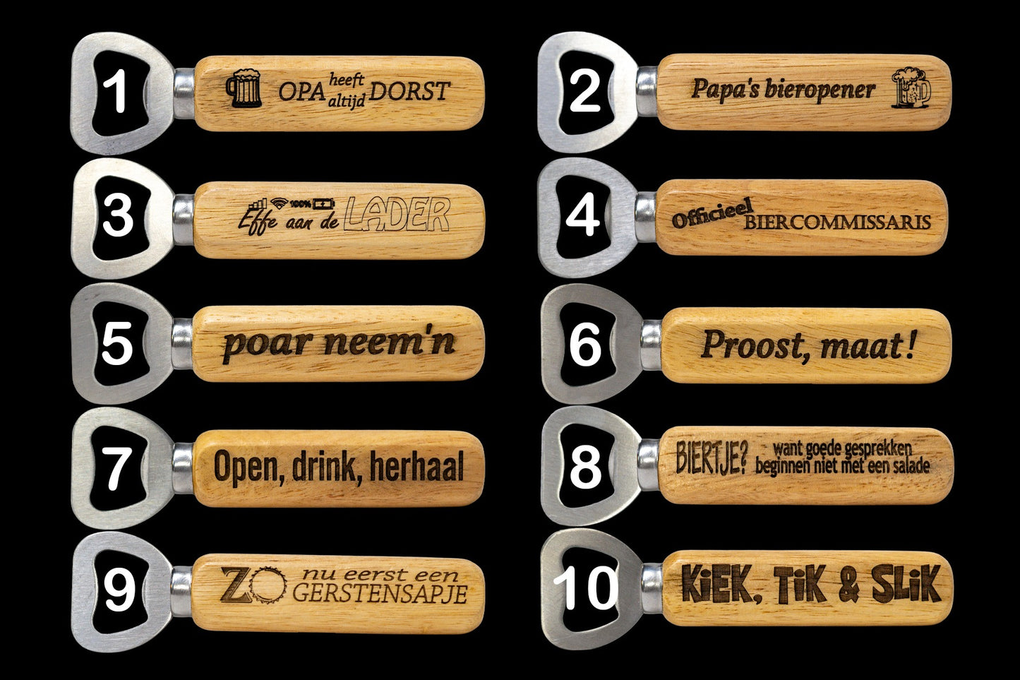 De Meesterbrander – Houten Flesopener met Gravure