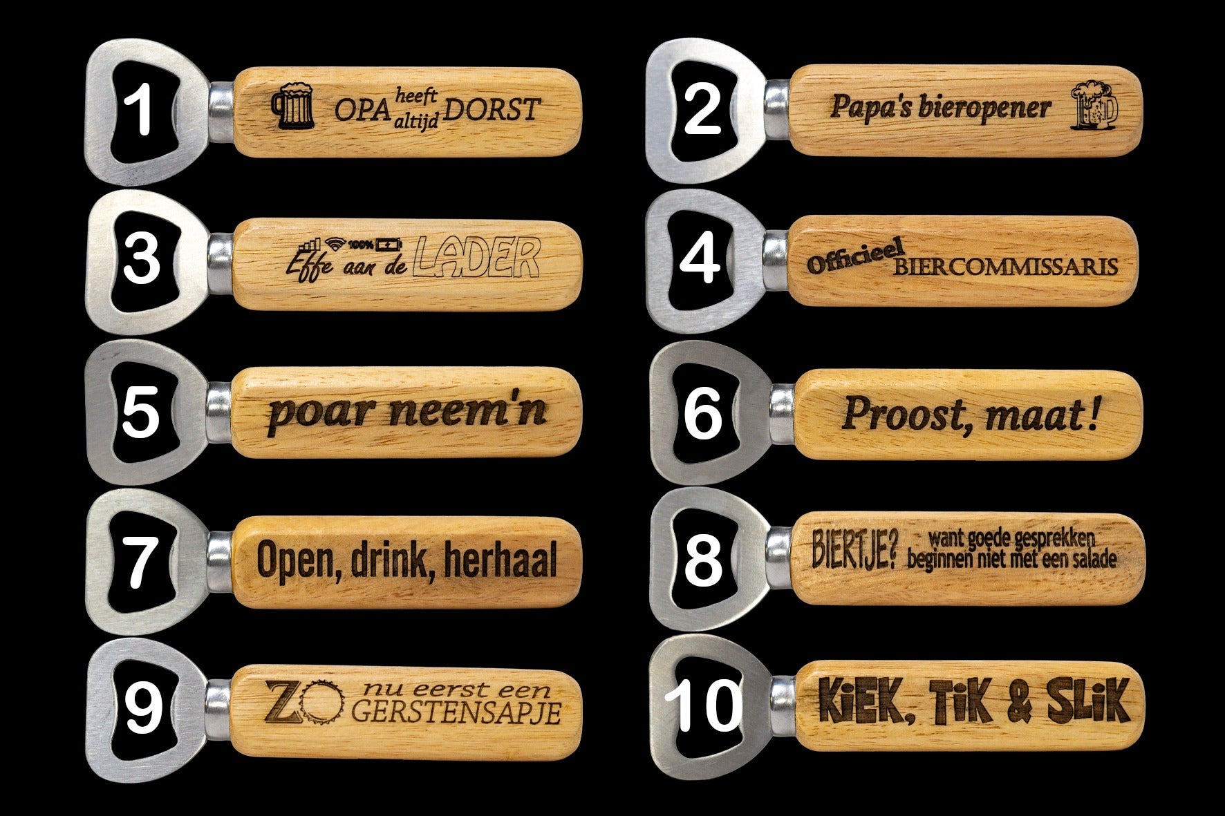 De Meesterbrander – Houten Flesopener met Gravure