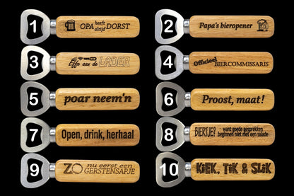 De Meesterbrander – Houten Flesopener met Gravure