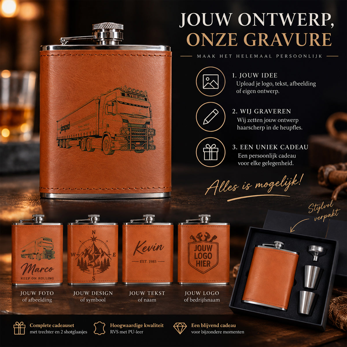 Heupfles laten graveren met eigen ontwerp afbeelding tekst of logo