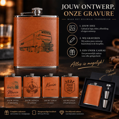Heupfles laten graveren met eigen ontwerp afbeelding tekst of logo