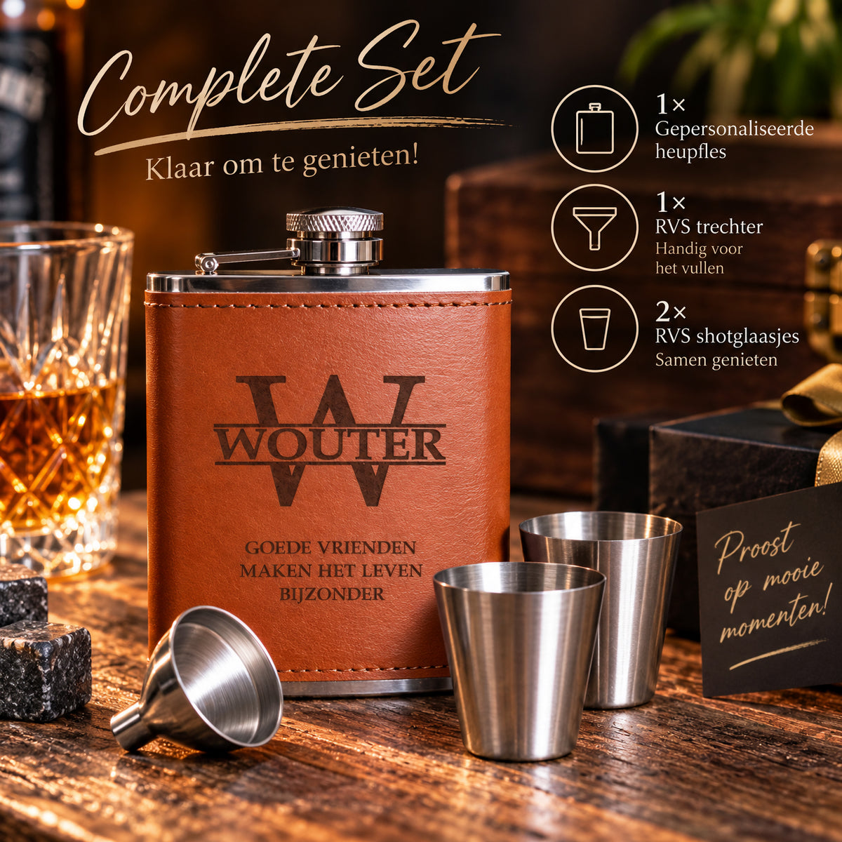 Gepersonaliseerde Heupfles met Naam – Cadeauset met 2 Shotglaasjes & Trechter