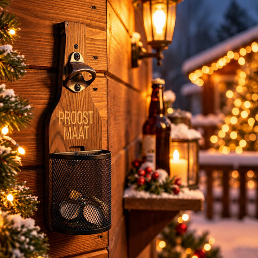 Gepersonaliseerde houten wandbieropener met tekst Proost Maat als kerstcadeau voor mannen